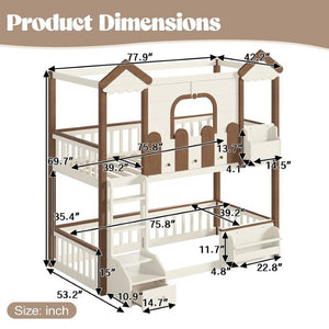 English Elm Twin Playhouse Bunk Bed with Roof Frame Bookshelf and Drawer Solid Wood Kids Room Beige, Natural MDF, Pine, Plywood W5305S00289