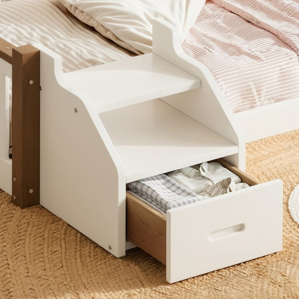 English Elm Twin Playhouse Bunk Bed with Roof Frame Bookshelf and Drawer Solid Wood Kids Room Beige, Natural MDF, Pine, Plywood W5305S00289