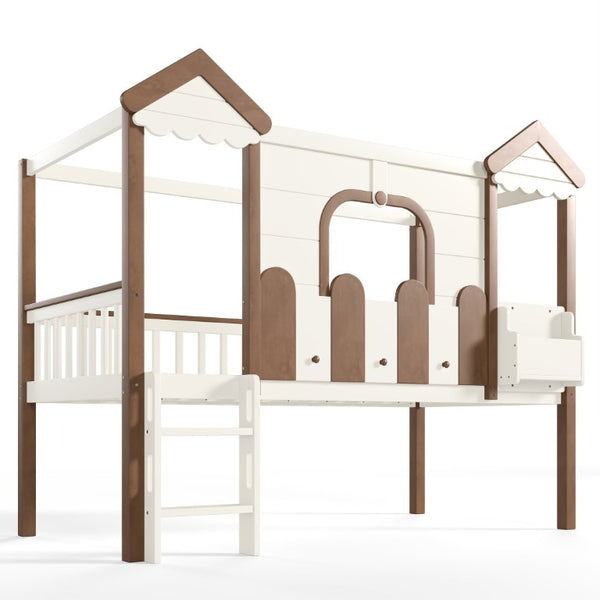 English Elm Twin Playhouse Bunk Bed with Roof Frame Bookshelf and Drawer Solid Wood Kids Room Beige, Natural MDF, Pine, Plywood W5305S00289