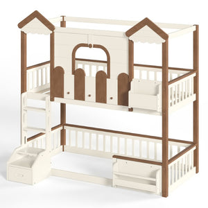English Elm Twin Playhouse Bunk Bed with Roof Frame Bookshelf and Drawer Solid Wood Kids Room Beige, Natural MDF, Pine, Plywood W5305S00289