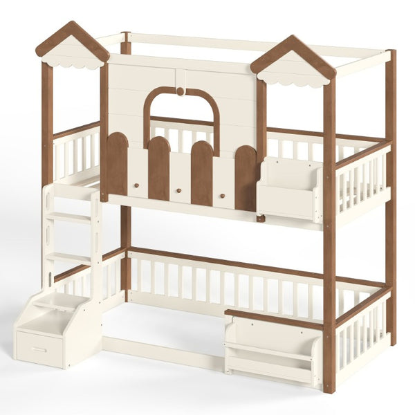 English Elm Twin Playhouse Bunk Bed with Roof Frame Bookshelf and Drawer Solid Wood Kids Room Beige, Natural MDF, Pine, Plywood W5305S00289