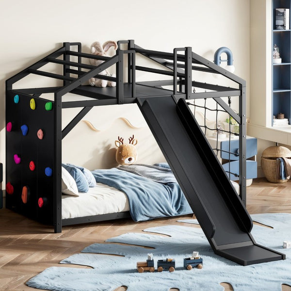 English Elm Twin Playhouse Bunk Bed with Roof Frame Bookshelf and Drawer Solid Wood Kids Room Black MDF, Metal W5305S00290