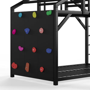 English Elm Twin Playhouse Bunk Bed with Roof Frame Bookshelf and Drawer Solid Wood Kids Room Black MDF, Metal W5305S00290
