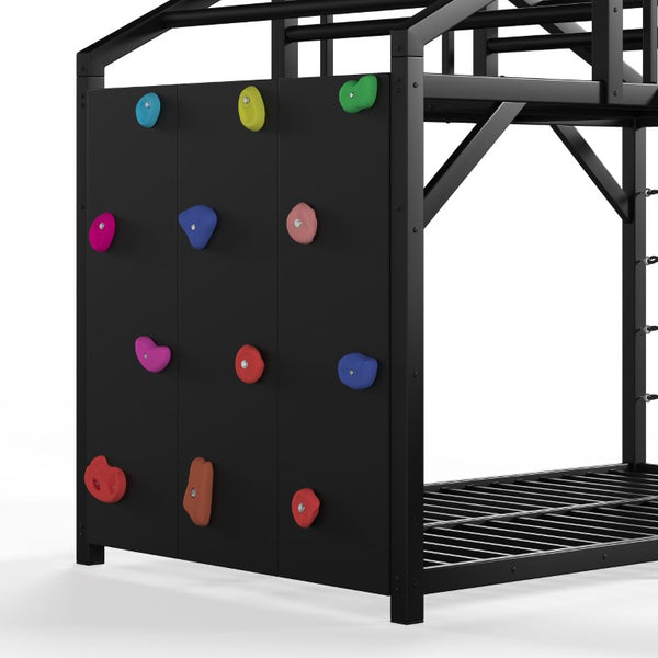 English Elm Twin Playhouse Bunk Bed with Roof Frame Bookshelf and Drawer Solid Wood Kids Room Black MDF, Metal W5305S00290