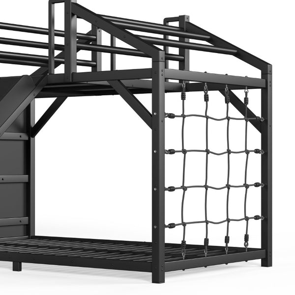 English Elm Twin Playhouse Bunk Bed with Roof Frame Bookshelf and Drawer Solid Wood Kids Room Black MDF, Metal W5305S00290