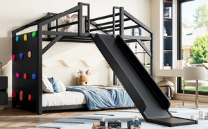 English Elm Twin Playhouse Bunk Bed with Roof Frame Bookshelf and Drawer Solid Wood Kids Room Black MDF, Metal W5305S00290