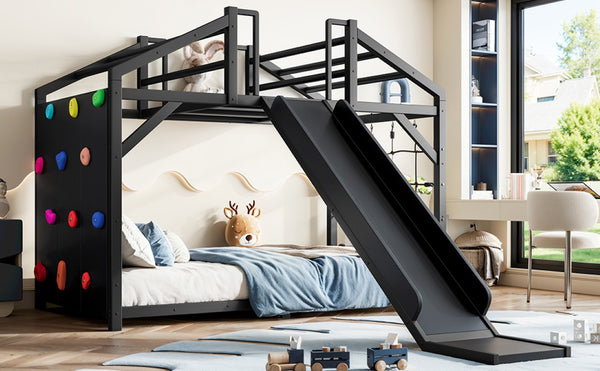 English Elm Twin Playhouse Bunk Bed with Roof Frame Bookshelf and Drawer Solid Wood Kids Room Black MDF, Metal W5305S00290