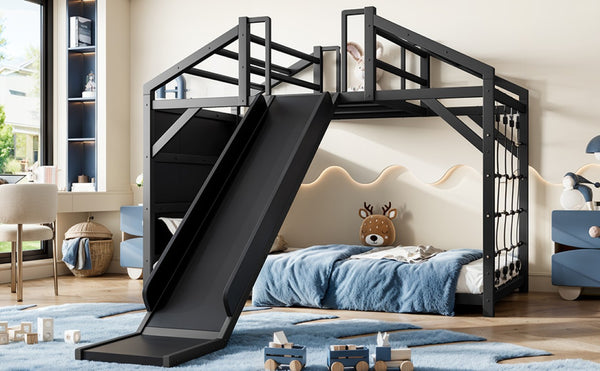 English Elm Twin Playhouse Bunk Bed with Roof Frame Bookshelf and Drawer Solid Wood Kids Room Black MDF, Metal W5305S00290