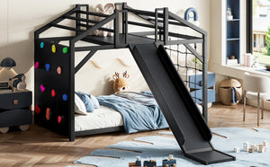 English Elm Twin Playhouse Bunk Bed with Roof Frame Bookshelf and Drawer Solid Wood Kids Room Black MDF, Metal W5305S00290