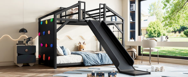 English Elm Twin Playhouse Bunk Bed with Roof Frame Bookshelf and Drawer Solid Wood Kids Room Black MDF, Metal W5305S00290