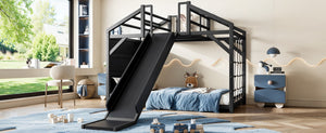 English Elm Twin Playhouse Bunk Bed with Roof Frame Bookshelf and Drawer Solid Wood Kids Room Black MDF, Metal W5305S00290