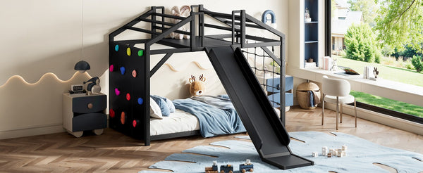 English Elm Twin Playhouse Bunk Bed with Roof Frame Bookshelf and Drawer Solid Wood Kids Room Black MDF, Metal W5305S00290