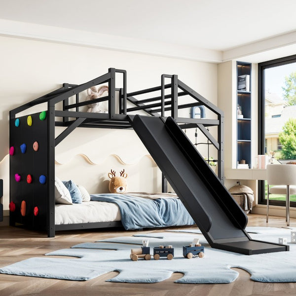 English Elm Twin Playhouse Bunk Bed with Roof Frame Bookshelf and Drawer Solid Wood Kids Room Black MDF, Metal W5305S00290