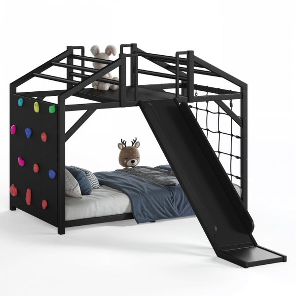 English Elm Twin Playhouse Bunk Bed with Roof Frame Bookshelf and Drawer Solid Wood Kids Room Black MDF, Metal W5305S00290