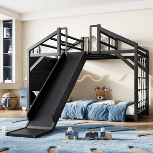 English Elm Twin Playhouse Bunk Bed with Roof Frame Bookshelf and Drawer Solid Wood Kids Room Black MDF, Metal W5305S00290