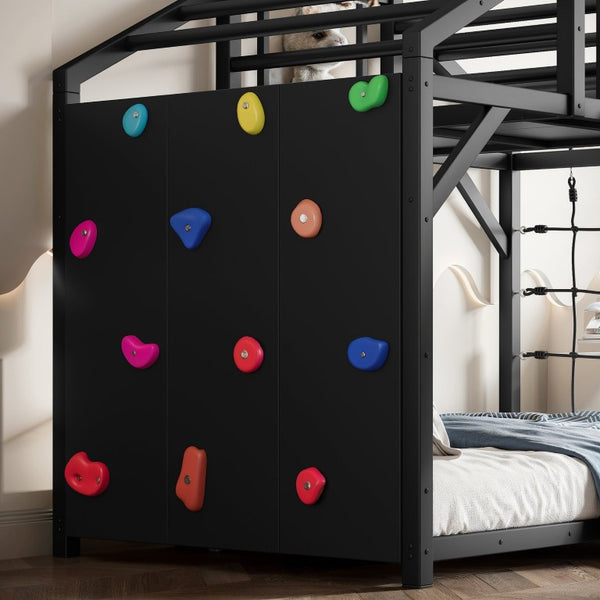 English Elm Twin Playhouse Bunk Bed with Roof Frame Bookshelf and Drawer Solid Wood Kids Room Black MDF, Metal W5305S00290