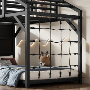 English Elm Twin Playhouse Bunk Bed with Roof Frame Bookshelf and Drawer Solid Wood Kids Room Black MDF, Metal W5305S00290