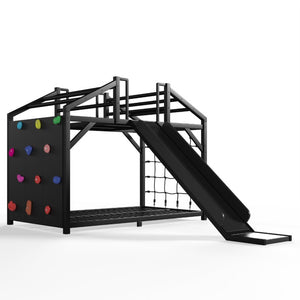 English Elm Twin Playhouse Bunk Bed with Roof Frame Bookshelf and Drawer Solid Wood Kids Room Black MDF, Metal W5305S00290