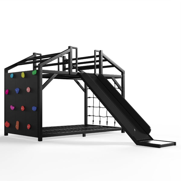 English Elm Twin Playhouse Bunk Bed with Roof Frame Bookshelf and Drawer Solid Wood Kids Room Black MDF, Metal W5305S00290