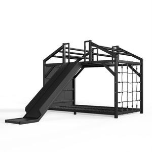 English Elm Twin Playhouse Bunk Bed with Roof Frame Bookshelf and Drawer Solid Wood Kids Room Black MDF, Metal W5305S00290
