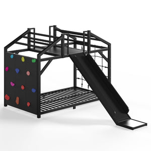 English Elm Twin Playhouse Bunk Bed with Roof Frame Bookshelf and Drawer Solid Wood Kids Room Black MDF, Metal W5305S00290