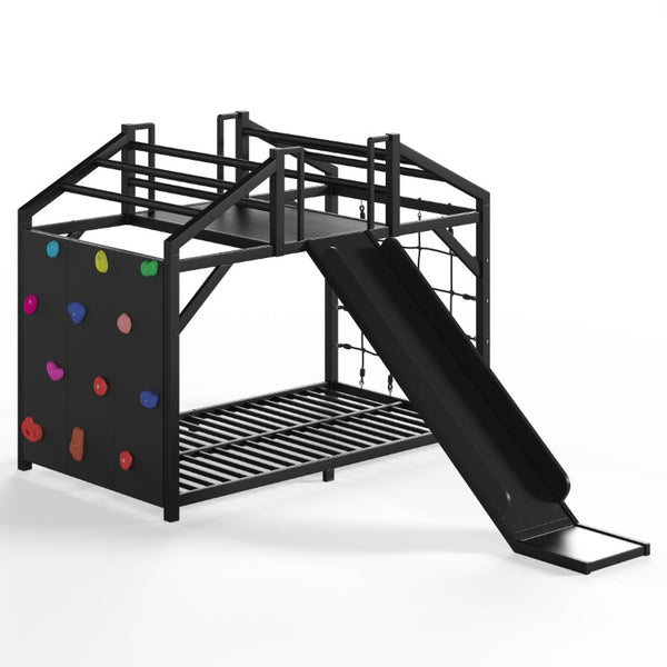 English Elm Twin Playhouse Bunk Bed with Roof Frame Bookshelf and Drawer Solid Wood Kids Room Black MDF, Metal W5305S00290
