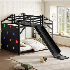 English Elm Metal House Shaped Kids Bed with Slide Climbing Wall and Iron Safety Rails W5305S00291