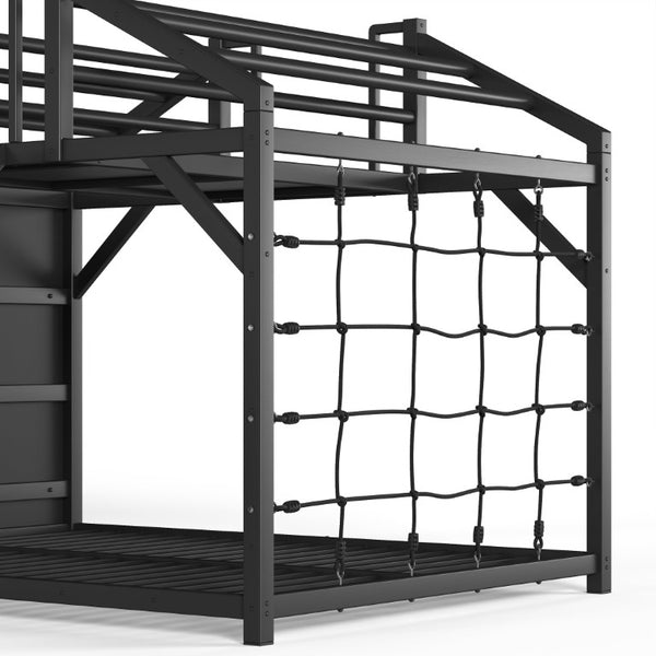 English Elm Metal House Shaped Kids Bed with Slide Climbing Wall and Iron Safety Rails W5305S00291