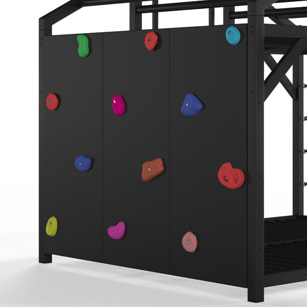 English Elm Metal House Shaped Kids Bed with Slide Climbing Wall and Iron Safety Rails W5305S00291