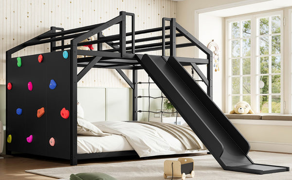 English Elm Metal House Shaped Kids Bed with Slide Climbing Wall and Iron Safety Rails W5305S00291