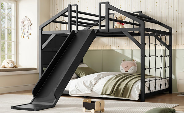 English Elm Metal House Shaped Kids Bed with Slide Climbing Wall and Iron Safety Rails W5305S00291