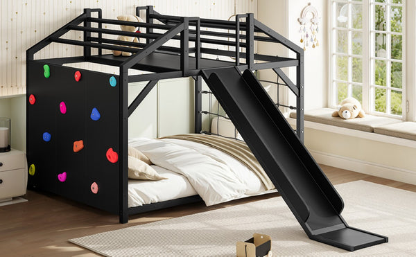 English Elm Metal House Shaped Kids Bed with Slide Climbing Wall and Iron Safety Rails W5305S00291