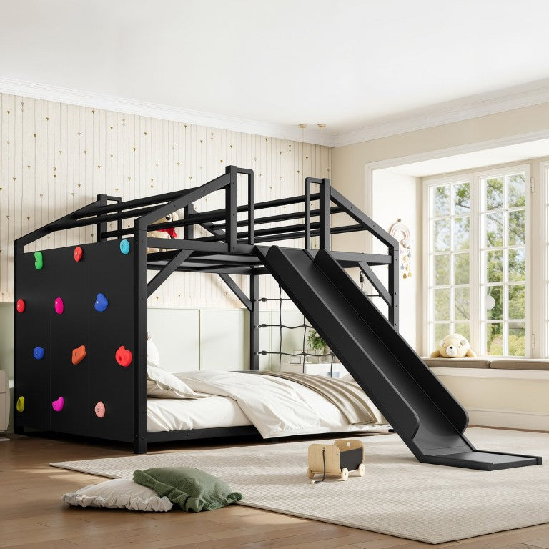 English Elm Metal House Shaped Kids Bed with Slide Climbing Wall and Iron Safety Rails W5305S00291