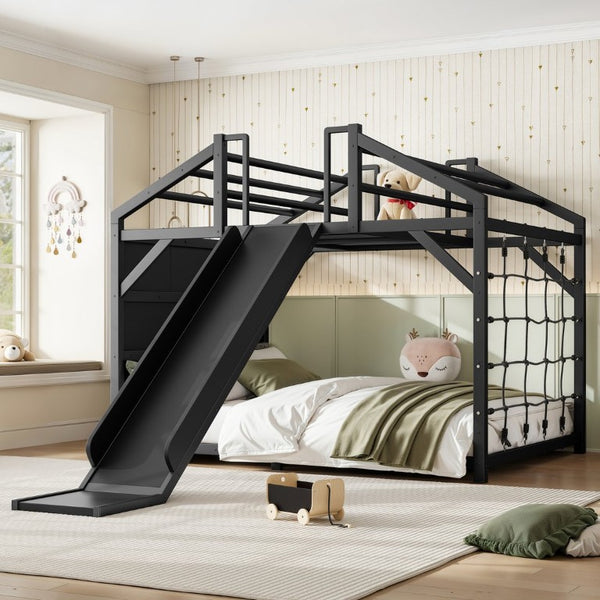 English Elm Metal House Shaped Kids Bed with Slide Climbing Wall and Iron Safety Rails W5305S00291