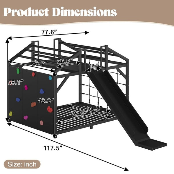 English Elm Metal House Shaped Kids Bed with Slide Climbing Wall and Iron Safety Rails W5305S00291