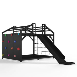 English Elm Metal House Shaped Kids Bed with Slide Climbing Wall and Iron Safety Rails W5305S00291