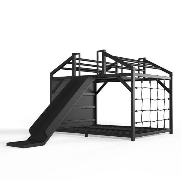 English Elm Metal House Shaped Kids Bed with Slide Climbing Wall and Iron Safety Rails W5305S00291