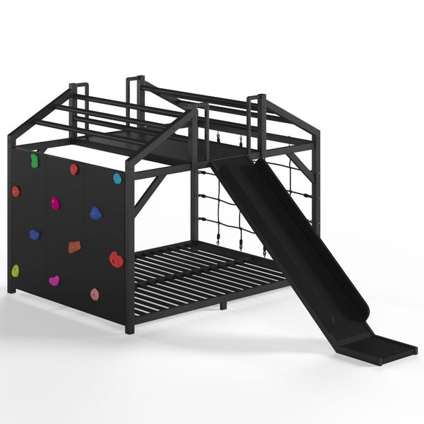 English Elm Metal House Shaped Kids Bed with Slide Climbing Wall and Iron Safety Rails W5305S00291