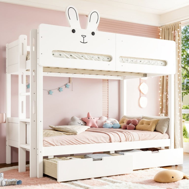 English Elm Twin Over Bunk Bed with Rabbit Headboard Storage Drawers and Safety Rails W5305S00296