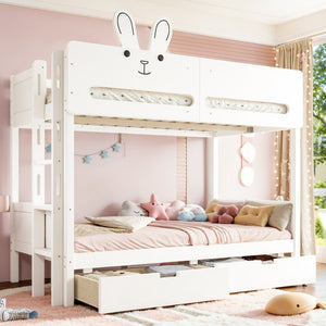 English Elm Twin Over Bunk Bed with Rabbit Headboard Storage Drawers and Safety Rails W5305S00296