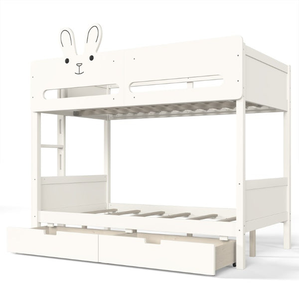 English Elm Twin Over Bunk Bed with Rabbit Headboard Storage Drawers and Safety Rails W5305S00296