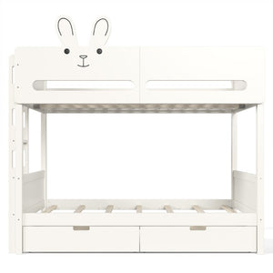 English Elm Twin Over Bunk Bed with Rabbit Headboard Storage Drawers and Safety Rails W5305S00296