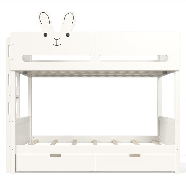 English Elm Twin Over Bunk Bed with Rabbit Headboard Storage Drawers and Safety Rails W5305S00296