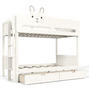 English Elm Twin Over Bunk Bed with Rabbit Headboard Storage Drawers and Safety Rails W5305S00296