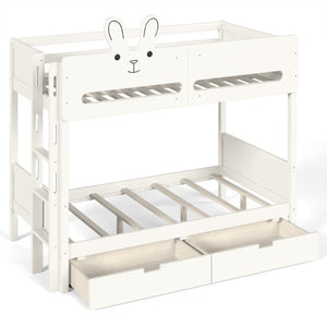 English Elm Twin Over Bunk Bed with Rabbit Headboard Storage Drawers and Safety Rails W5305S00296