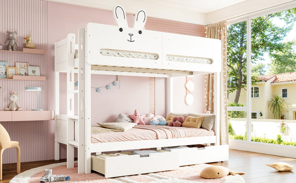 English Elm Twin Over Bunk Bed with Rabbit Headboard Storage Drawers and Safety Rails W5305S00296