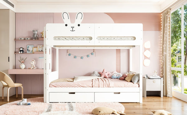 English Elm Twin Over Bunk Bed with Rabbit Headboard Storage Drawers and Safety Rails W5305S00296