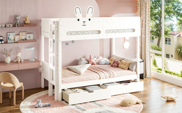 English Elm Twin Over Bunk Bed with Rabbit Headboard Storage Drawers and Safety Rails W5305S00296