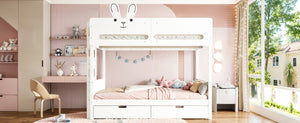 English Elm Twin Over Bunk Bed with Rabbit Headboard Storage Drawers and Safety Rails W5305S00296