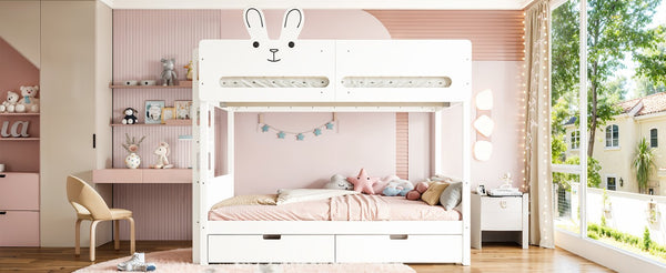English Elm Twin Over Bunk Bed with Rabbit Headboard Storage Drawers and Safety Rails W5305S00296